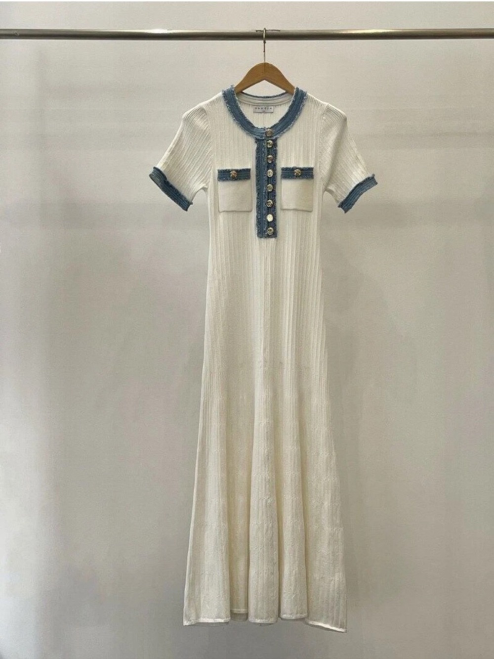 Cream Ribbed Maxi Dress with Blue Trim Detail